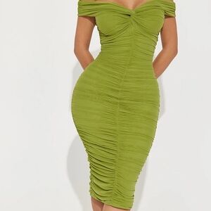 Fashion Nova Olive Green Off-Shoulder Ruched Midi Dress
